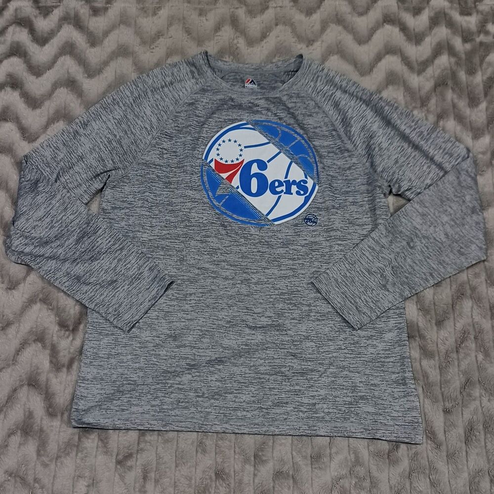 Majestic Mens Size L Gray Basketball Philadelphia 76ers Long Sleeve Shirt